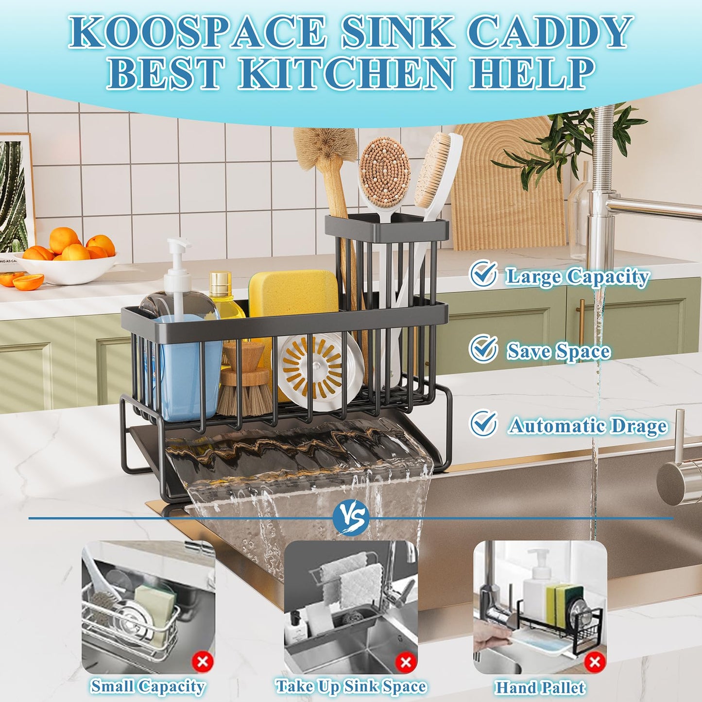 KOOSPACE Sponge Holder for Kitchen Sink, Kitchen Sink Caddy with Brush Holder, Auto-Drainage Rustproof Kitchen Sink Organizer and Storage for Brush, Sponge, Dish Soap Dispenser