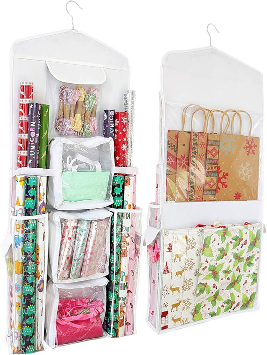 SumDirect Double-Sided Gift Wrap Organizer - White Hanging Storage for Wrapping Paper & Gift Bags
