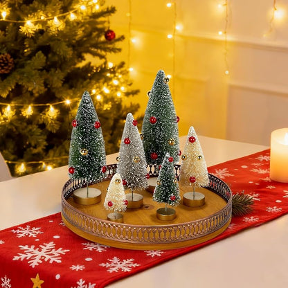 Sync-5081: 6-Pack Mini Frosted Bottle Brush Christmas Trees - Assorted Sizes
