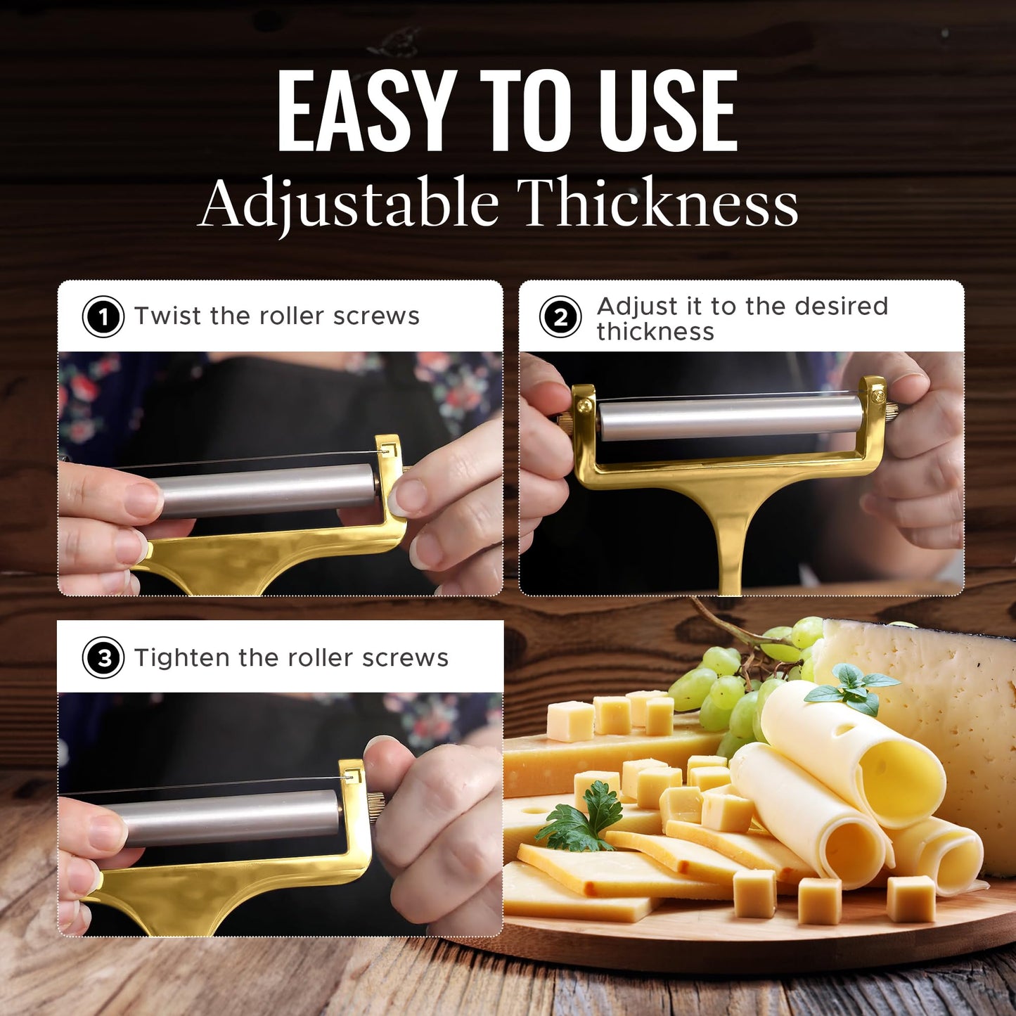 Zulay Cheese Slicer With Adjustable Thickness - Wire Cheese Slicer For Mozzarella Cheese, Cheddar Cheese, Gouda Cheese - Cheese Slicers For Block Cheese Heavy Duty With 2 Extra Wires (Gold)