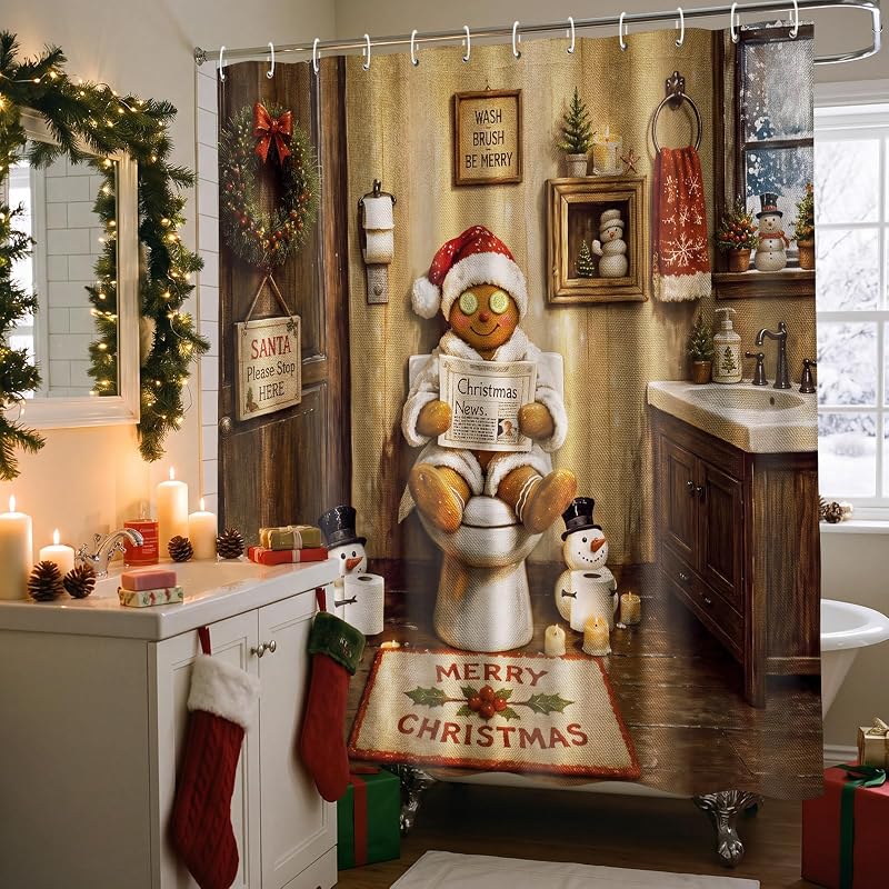 Irenare Toilet Relax Gingerbread Shower Curtain Set with 12 Hooks - 72 x 72 Inches