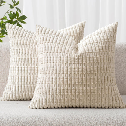 MIULEE Corduroy Throw Pillow Covers - Soft Boho Striped Design | 18x18 Inch Cream White for Modern Home Decor