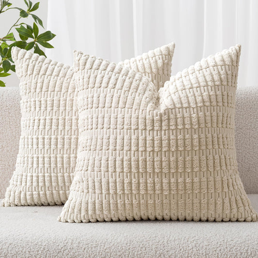 MIULEE Corduroy Throw Pillow Covers - Soft Boho Striped Design | 16x16 Inch, Cream White, Set of 2