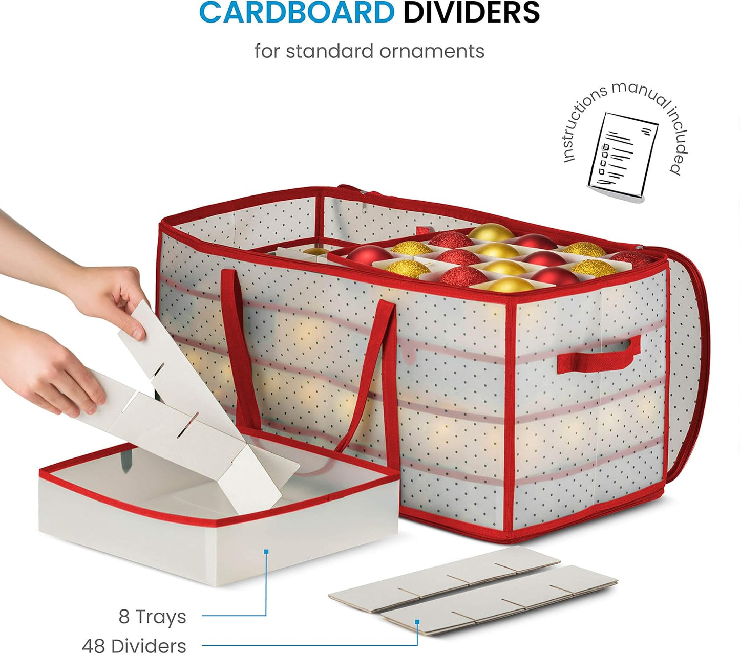 ZOBER Christmas Ornament Storage Box - Store 128 Ornaments with 2-Sided Zipper - Red (Pack of 2)