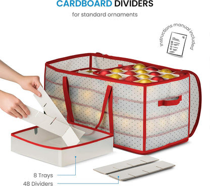 ZOBER Christmas Ornament Storage Box - Store 128 Ornaments with 2-Sided Zipper - Red (Pack of 2)