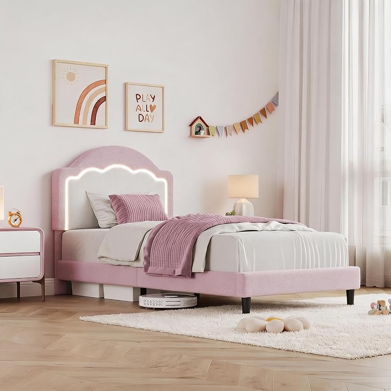 GarveeTech Twin Bed Frame with Velvet Upholstered Headboard — Pink, Without Drawer