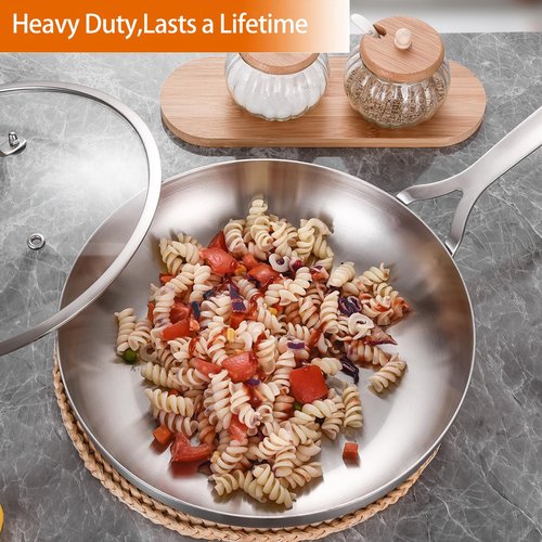 DELARLO 10inch Tri-Ply Stainless Steel Pan with lid, Induction Stainless Steel Frying Pan With Lid, Oven Safe Skillet 10in, Heat quickly and evenly, Durable Stainless Steel Cookware