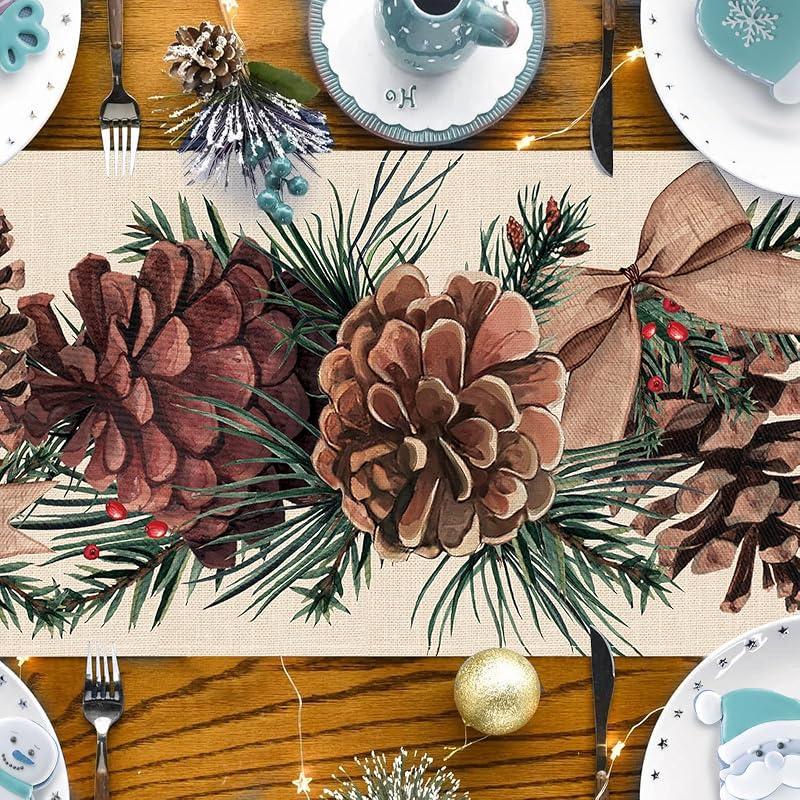 Winter Pine Cone Table Runner 13"x108" with Pine Needle, Red Berry & Bow - Seliem (Variation: Winter-pine Cone+Table Runner 13''X108'')