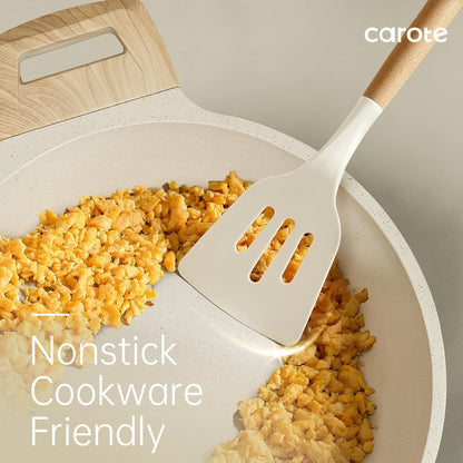 CAROTE Silicone Cooking Utensils Set - 10 Pcs BPA-Free Kitchen Tools with Heat-Resistant Wood Handles | Cream White