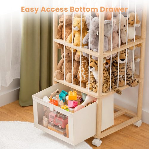 upsimples 58in Stuffed Animal Storage with Drawer and Wheels, Natural Wood Large Capacity Plushies Holder & Organizer for Bedroom Corner