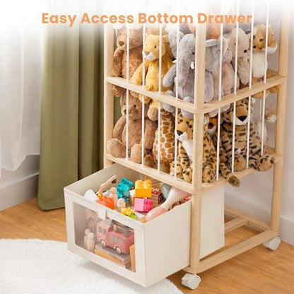 upsimples 58in Stuffed Animal Storage with Drawer and Wheels, Natural Wood Large Capacity Plushies Holder & Organizer for Bedroom Corner