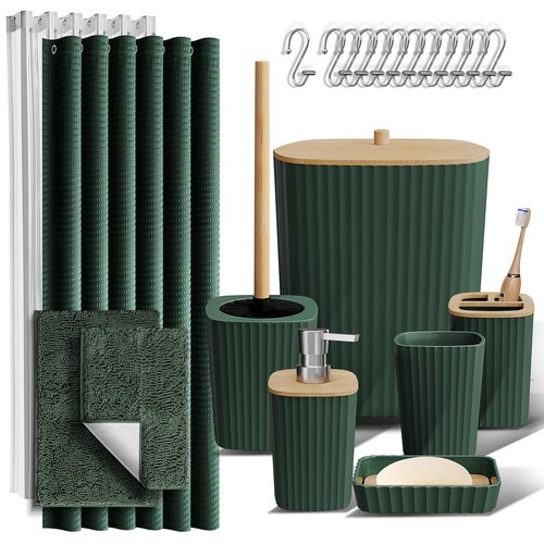 Clara Clark Bathroom Accessories Set - Green Bathroom Set, Bathroom Sets with Shower Curtain and Rugs, 22PC Shower Curtain Set with Bathroom Trash Can