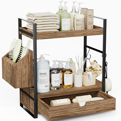 Skiennix 2-Tier Bathroom Counter Organizer - Stylish Wood Storage with Drawer & Basket | Dark Brown