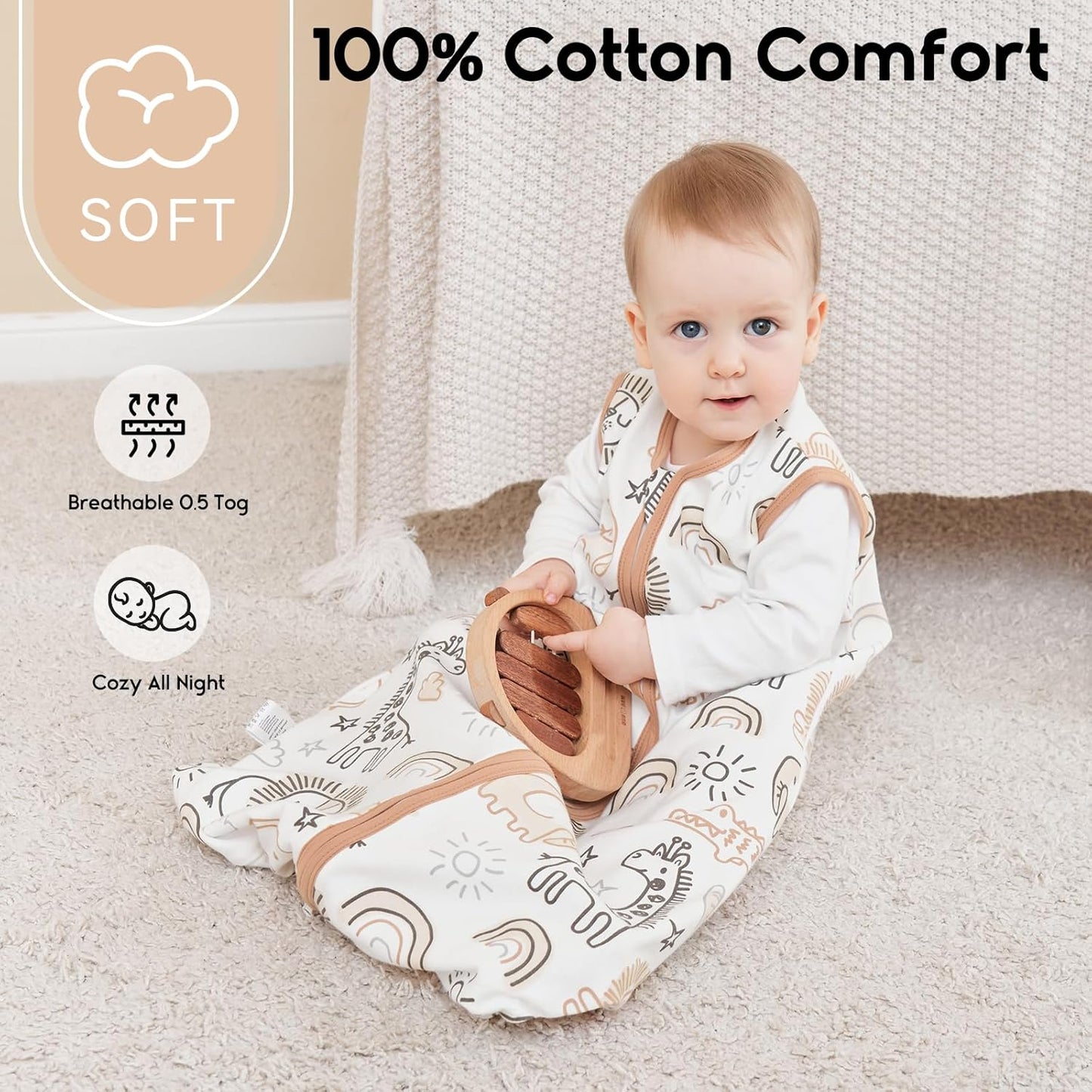 Yoofoss Baby Sleep Sack - 100% Organic Cotton Wearable Blanket for Infants | 6-12 Months, 3 Pack, 0.5 Tog