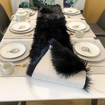 Black Faux Fur Table Runner 12x36 Inch - Fluffy Halloween Winter Decor - Variation: Black+12x36 Inch