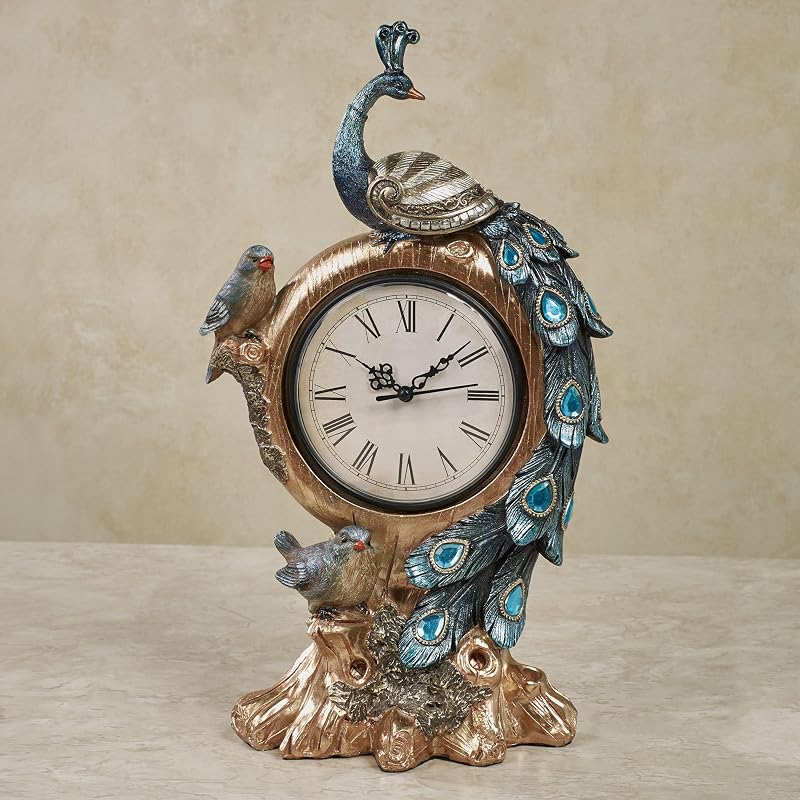 Poised Peacock Battery-Operated Pedestal Clock with Resin Birds