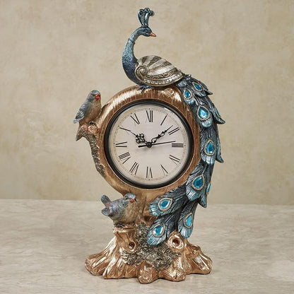 Poised Peacock Battery-Operated Pedestal Clock with Resin Birds