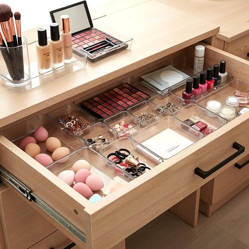 Masirs Clear Drawer Organizers Set - 25 PCS Modular Plastic Storage Bins for Desk, Kitchen & Bathroom
