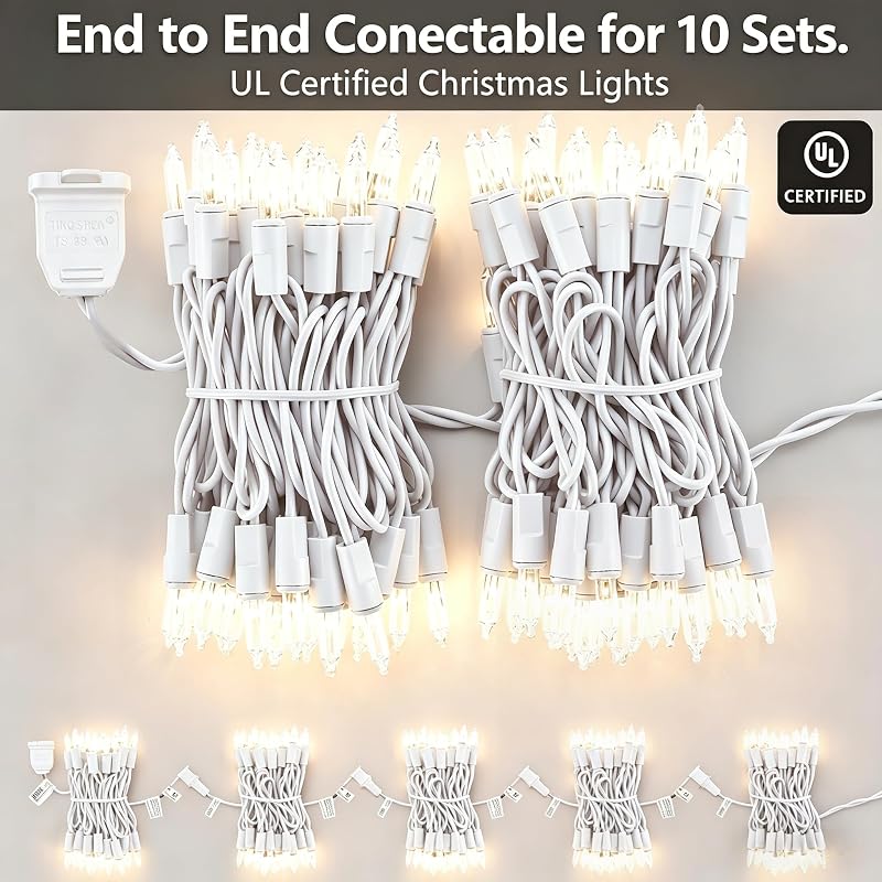 TIGOMOOV Clear White Christmas Lights, 50-Ct 13ft Incandescent String Lights, Plug-In, End-to-End Connectable, White Wire - Variation: Clear White-White Wire+50 Count-1PC