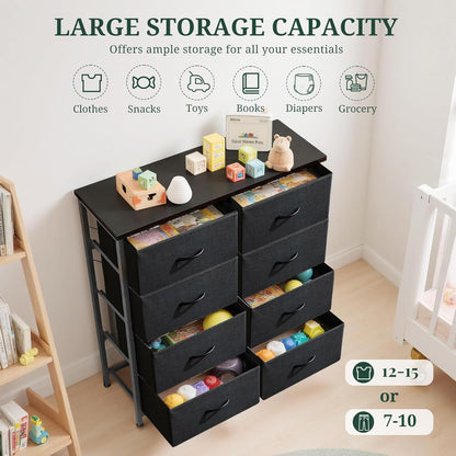 Regine Switzerland 8-Drawer Dresser - Anti-Tip Storage Organizer with Wooden Top & Metal Frame | Black