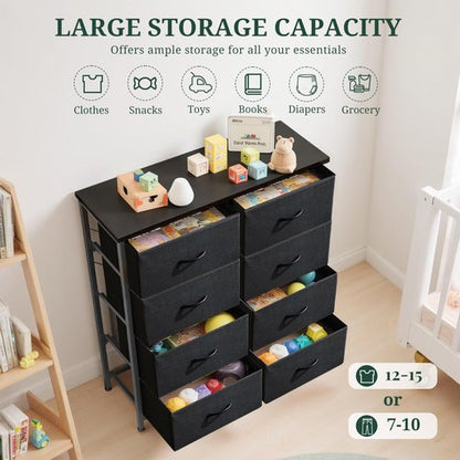 8-Drawer Dresser for Bedroom, Anti-Tip Tall Storage Organizer Chest of Drawers with Wooden Top and Metal Frame Fabric Bins for Closet, Living Room, Hallway, Entryway, Black