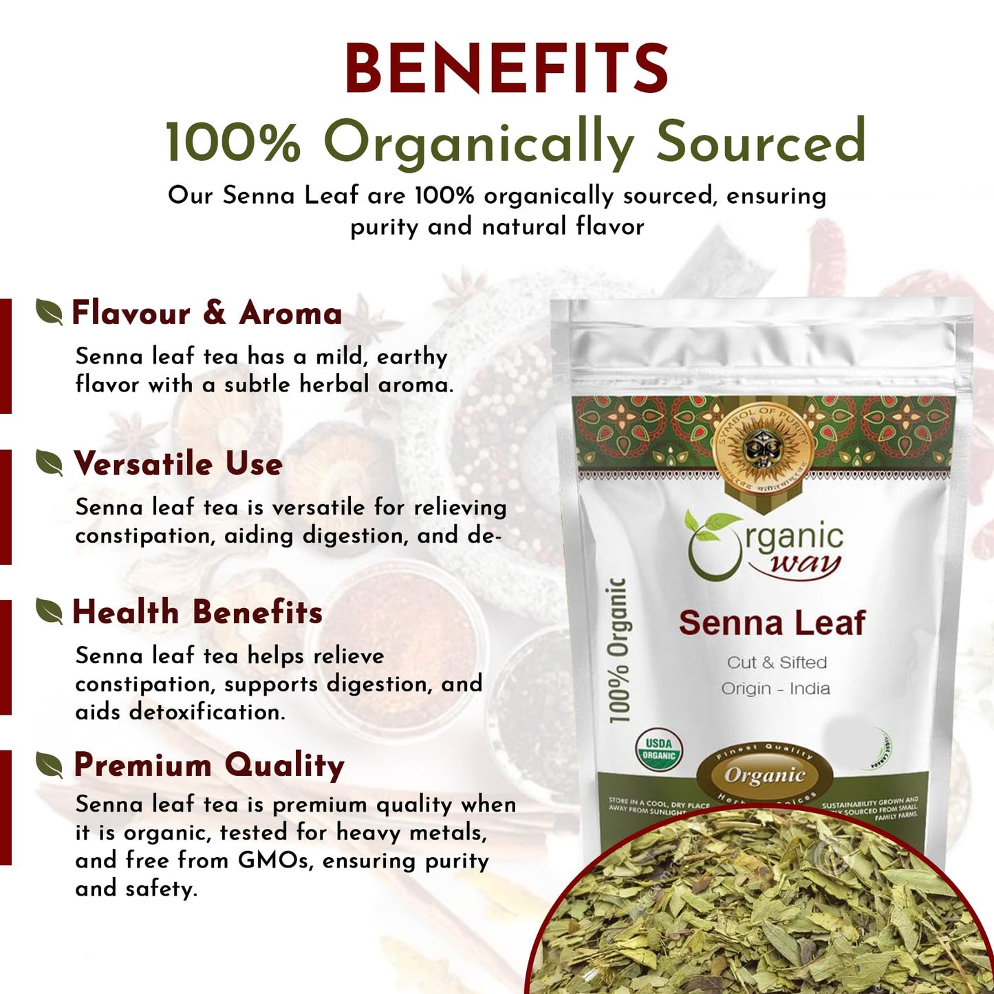 Organic Way Senna Leaf Cut & Sifted (Cassia angustifolia) - Herbal Tea | Kosher & USDA Certified | Vegan, Non-GMO & Gluten Free | Tested for Heavy Metal | 100% Raw from India (1LBS / 16Oz.)