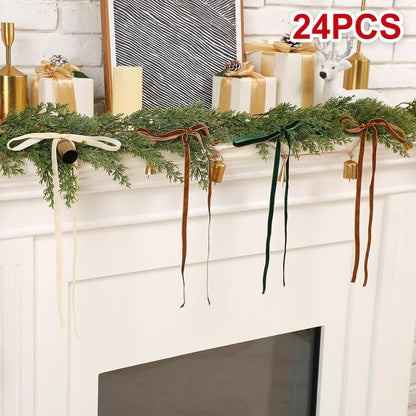 Skiennix 24 Pcs Velvet Bows - Vintage Ribbon Bows for Christmas Tree & Crafts | 9 x 13 Inch, Brown, Dark Green, Beige