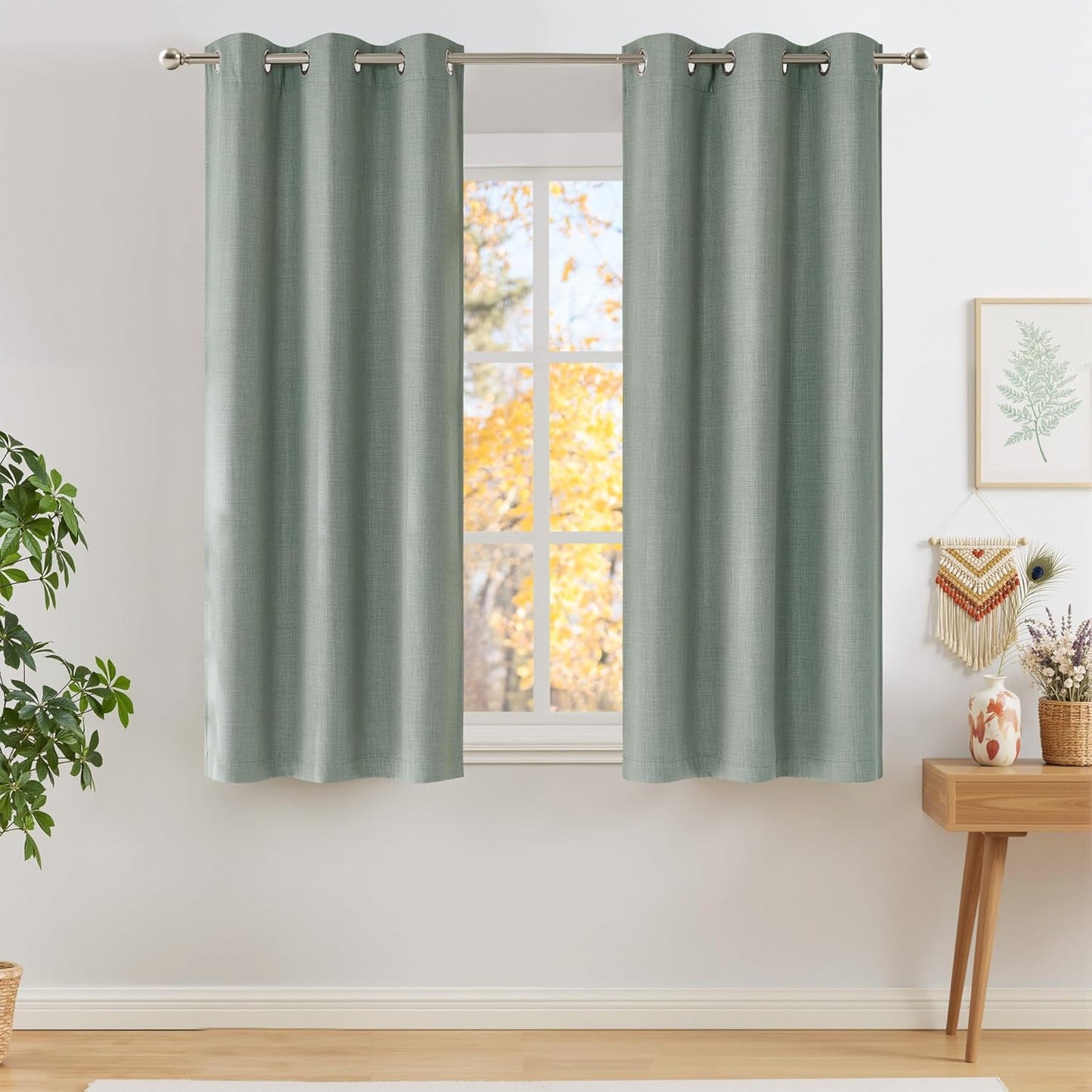 NICETOWN Sage Green Blackout Curtains - 63-Inch Faux Linen Privacy Panels for Living Room & Kitchen | 2 Grommet Top Panels