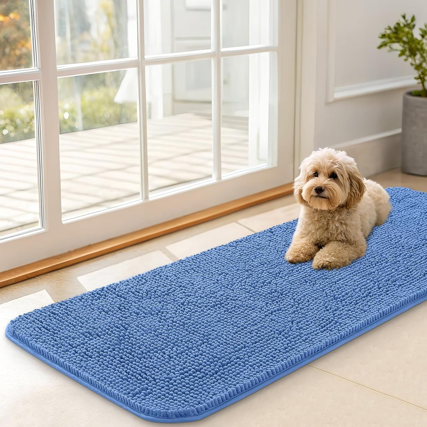 OLANLY Dog Door Mat - Absorbent Non-Slip Chenille Mat for Muddy Paws | 47x17 Inches, Cornflower Blue
