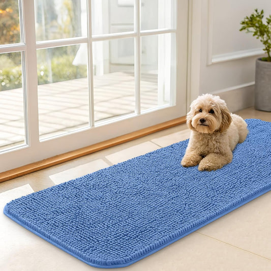 OLANLY Dog Door Mat - Absorbent Non-Slip Chenille Mat for Muddy Paws | 47x17 Inches, Cornflower Blue