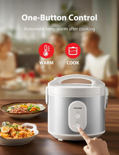 TOSHIBA 5.5 Cup Rice Cooker & Steamer - Removable Non-Stick Pot, One-Touch Function, Silver White