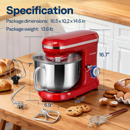 VIVOHOME Stand Mixer - 660W 10-Speed 6 Quart Tilt-Head Kitchen Electric Food Mixer, Red