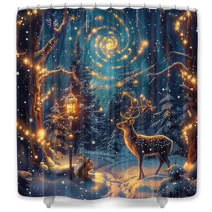 Christmas Shower Curtain Set 72x72 in with Hooks — Green Winter Reindeer Snowy Forest