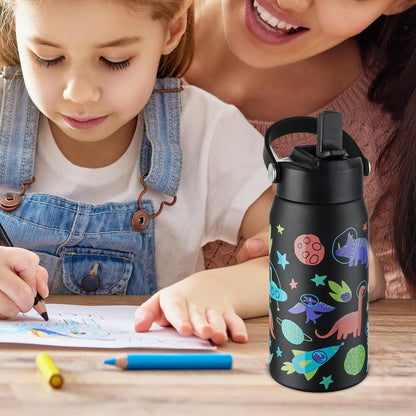OLDLEY Kids Water Bottle - 18oz Insulated Stainless Steel | Leakproof, Non-Spill Design, Space Dinosaur