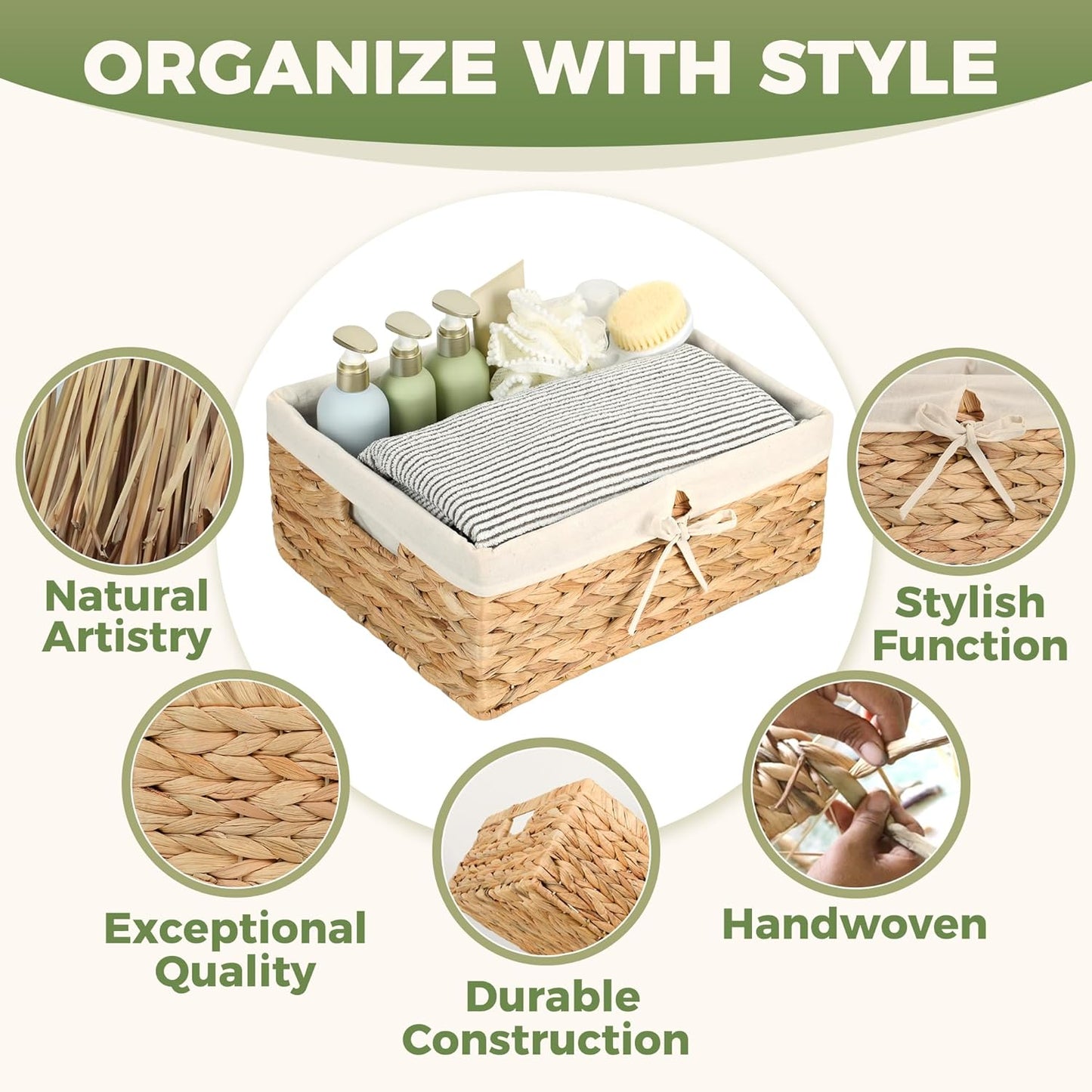 Wicker Shelf Storage Baskets - Natural Water Hyacinth Organizers with Handles & Cotton Liner | Large 15” x 12” x 6”