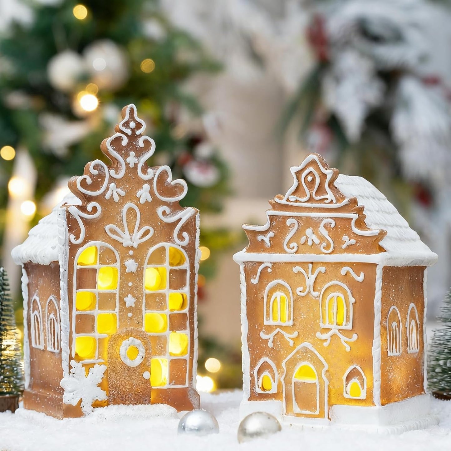 Skiennix Christmas Gingerbread Village House Figurines - Pre-Lit LED Table Decorations | 2-Piece Set