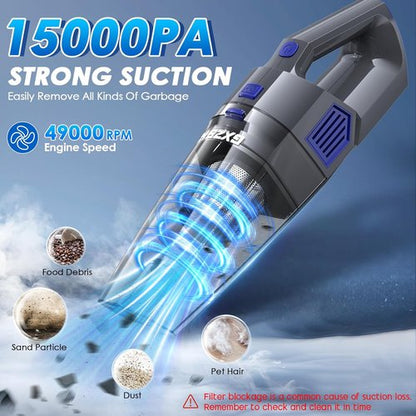 Gxzsk Handheld Vacuum - Cordless 15000PA Strong Suction Car Vacuum Cleaner | Rechargeable & Portable with Multi-Nozzles