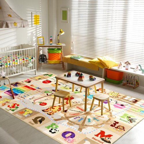 B BENRON Large Playroom Rug Daycare Kids Rug 6x9,Educational and Fun Nursery Rug with ABC Alphabet Animals Classroom Rug Washable Kids Play Mat Baby Toddler Children Girls Rugs for Bedroom,Beige