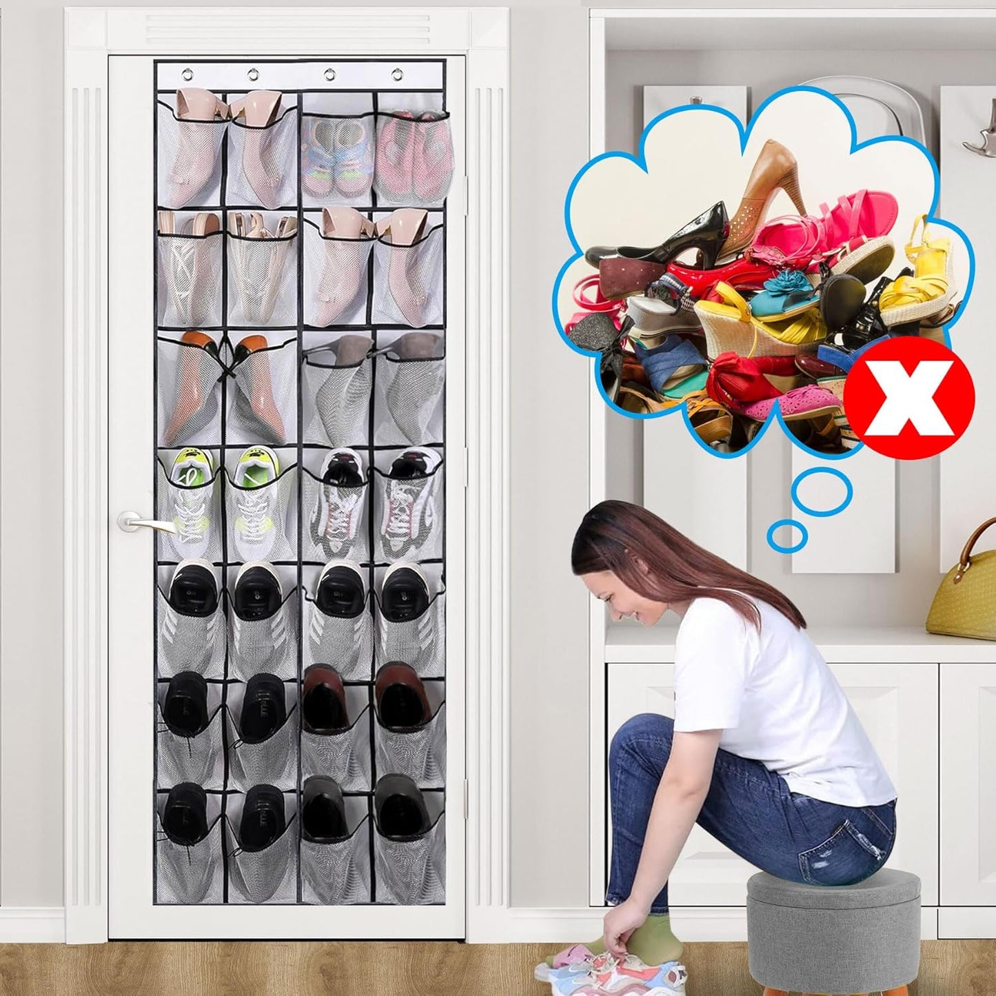 Skiennix Over The Door Shoe Organizer - 28 Mesh Pockets for Space-Saving Storage | White
