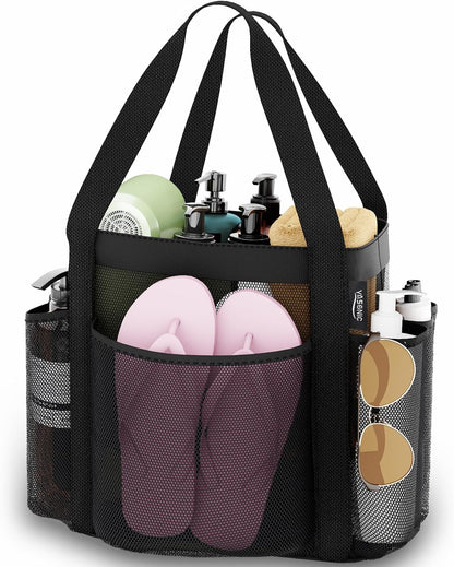 YASONIC Mesh Shower Caddy - Portable 8-Pocket Shower Bag with Double Handles | Black for Dorm & Gym Essentials