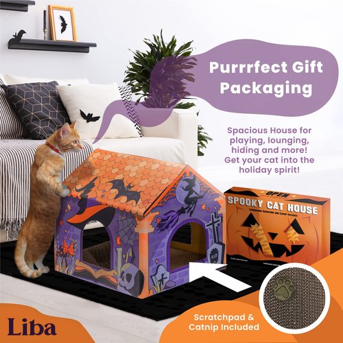 LiBa Cardboard Holiday Cat House with Scratch Pad and Catnip, Cat Bed for Indoor Cats, Cat Scratching Toy, Christmas Decorations Cat Gifts for Cats Pumpkin House