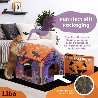 LiBa Cardboard Holiday Cat House with Scratch Pad and Catnip, Cat Bed for Indoor Cats, Cat Scratching Toy, Christmas Decorations Cat Gifts for Cats Pumpkin House