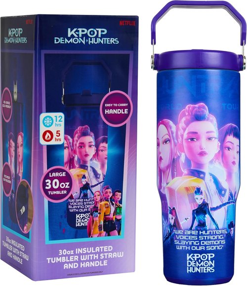 KPop Demon Hunters 30oz Insulated Stainless Steel Tumbler - Travel Mug with Straw & Handle for Teens