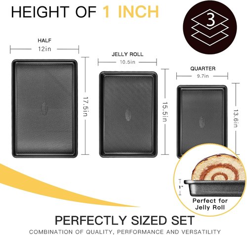 HONGBAKE Nonstick Cookie Sheets - Set of 3 Baking Pans with Diamond Texture, Dark Grey, 57% Thicker Carbon Steel