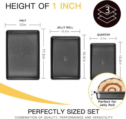 HONGBAKE Nonstick Cookie Sheets - Set of 3 Baking Pans with Diamond Texture, Dark Grey, 57% Thicker Carbon Steel