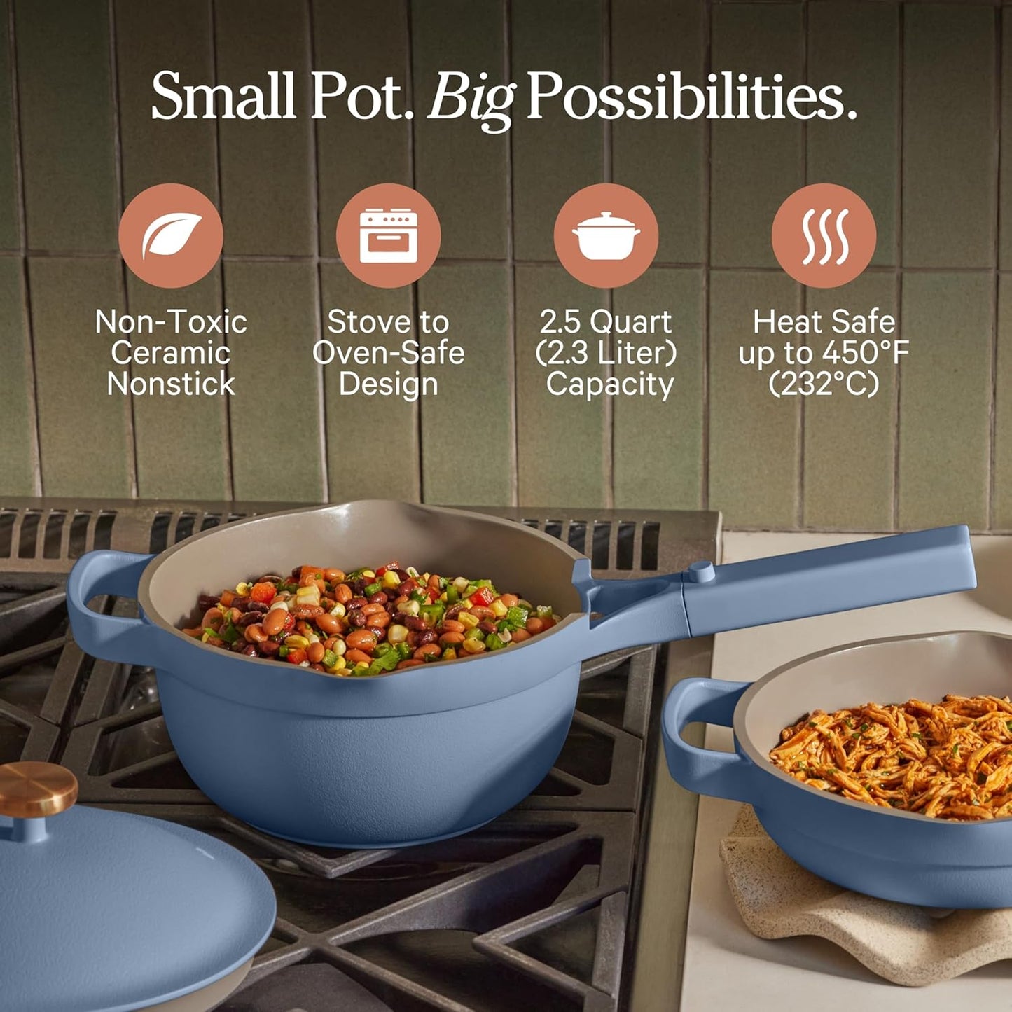 Our Place Mini Perfect Pot - 2.5 Qt Ceramic Cookware with Lid & Spatula | PFAS-Free, Nonstick, Induction & Oven-Safe | Blue Salt