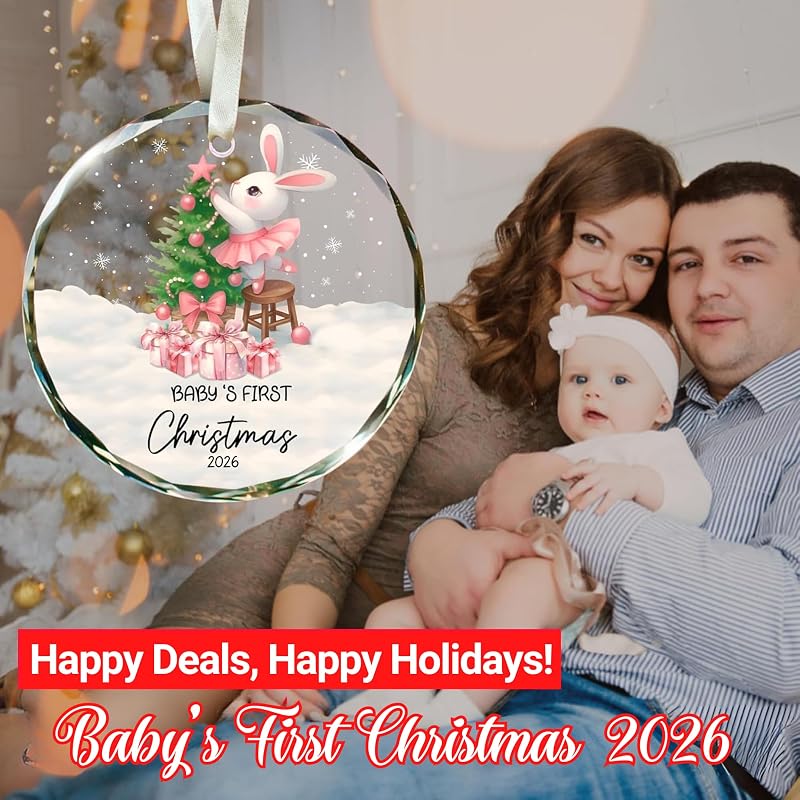 Baby Girl First Christmas Ornament 2026 - Glass Keepsake with Pink Bunny, 3.07 in, Variation: Baby 1st Christmas Pink