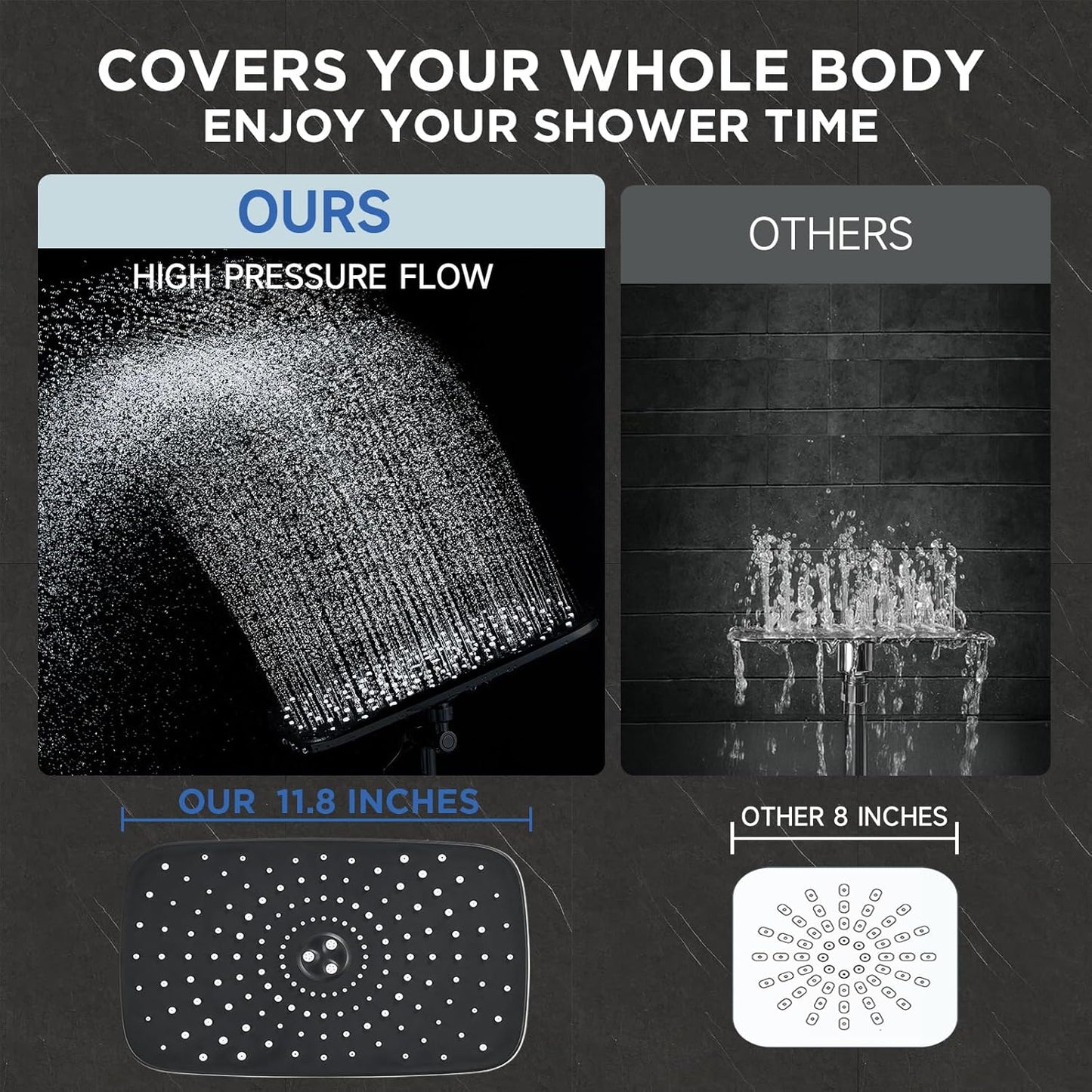 Veken 11.8" Rain Shower Head - High Pressure Handheld Shower with Multi Spray Modes | Matte Black
