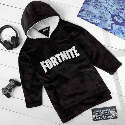 FORTNITE Blanket Hoodie for Boys Teens 14+ Wearable Blanket Fleece Extra Long (Black Print Kids)