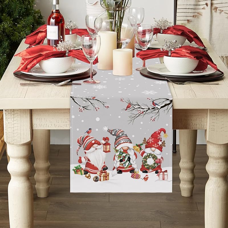 Grey Christmas Gnome Table Runner 13x72 in with Snowflakes, Birds & Branches – Bonhause